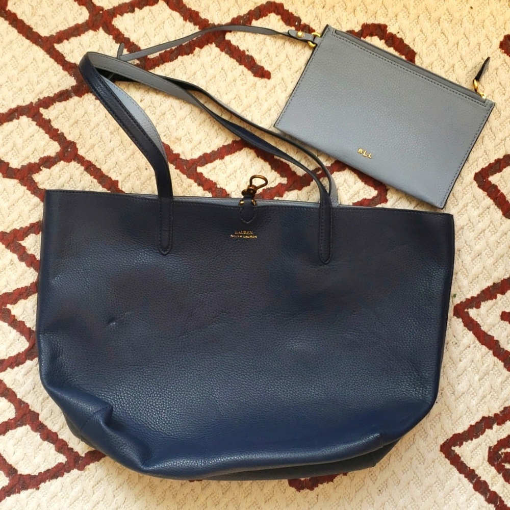 Reversible Ralph Lauren Leather Tote, Navy Blue and Light Blue